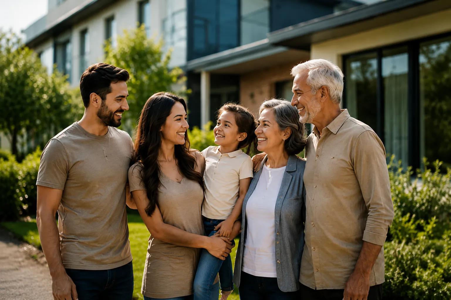 Multigenerational family smiling outside their Canadian home