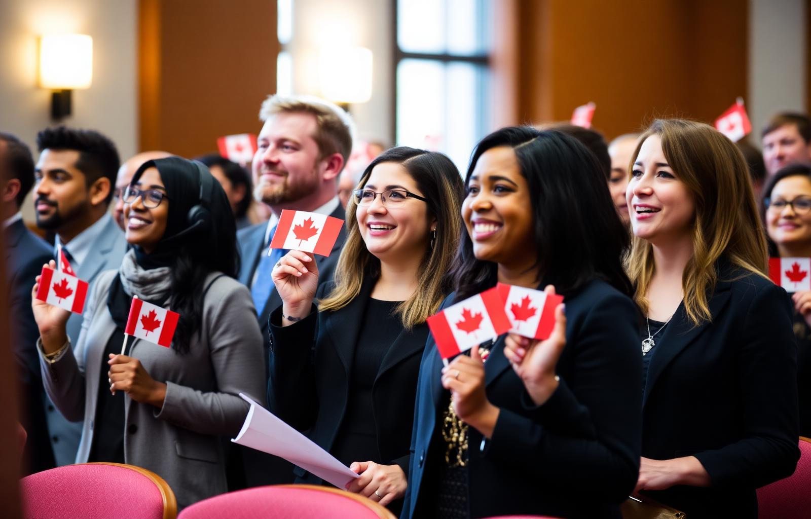 New Canadians smiling and holding small Canadian flags at a citizenship ceremony