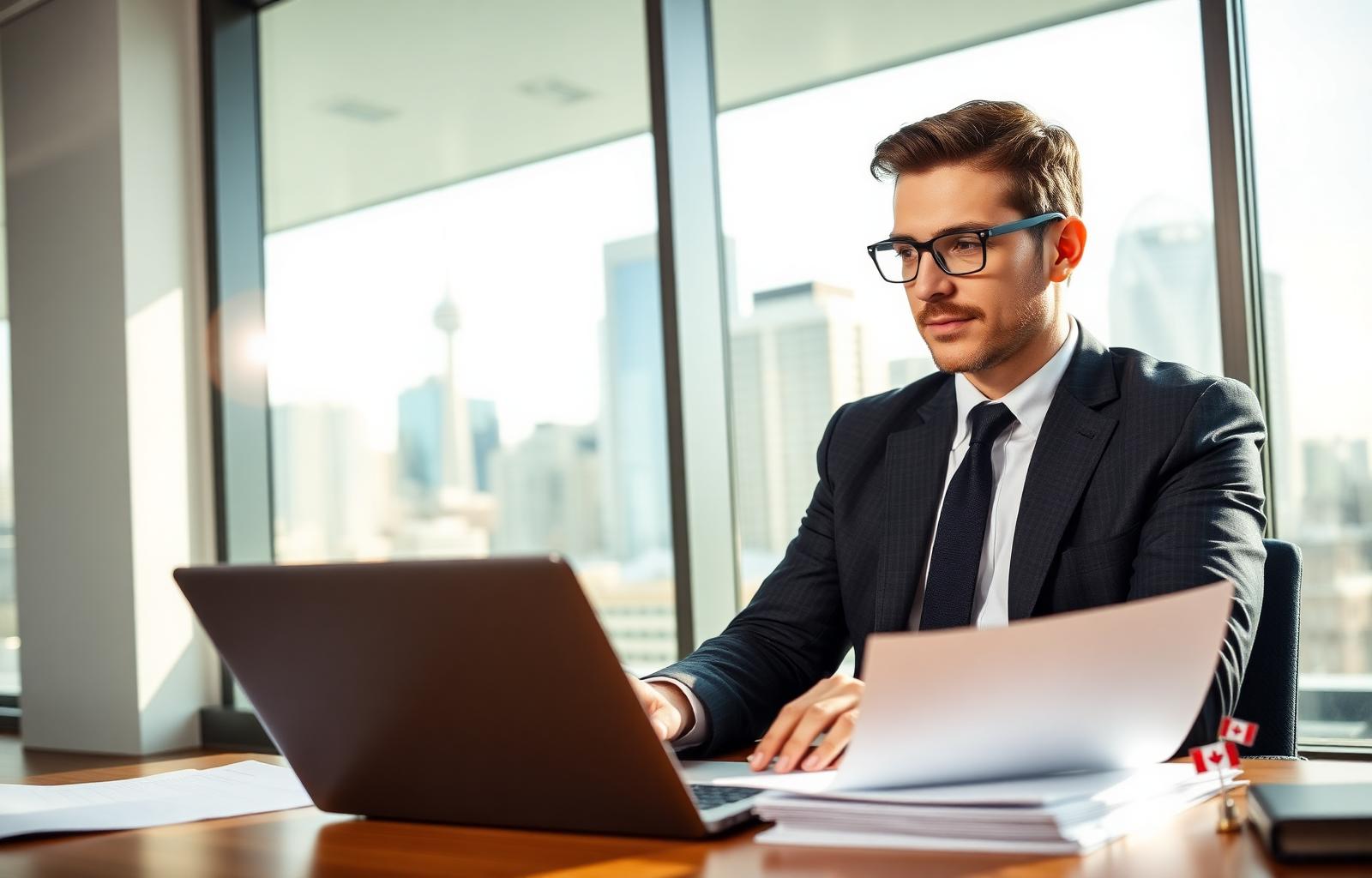 Skilled professional working on a laptop in a modern Canadian office with a city skyline behind