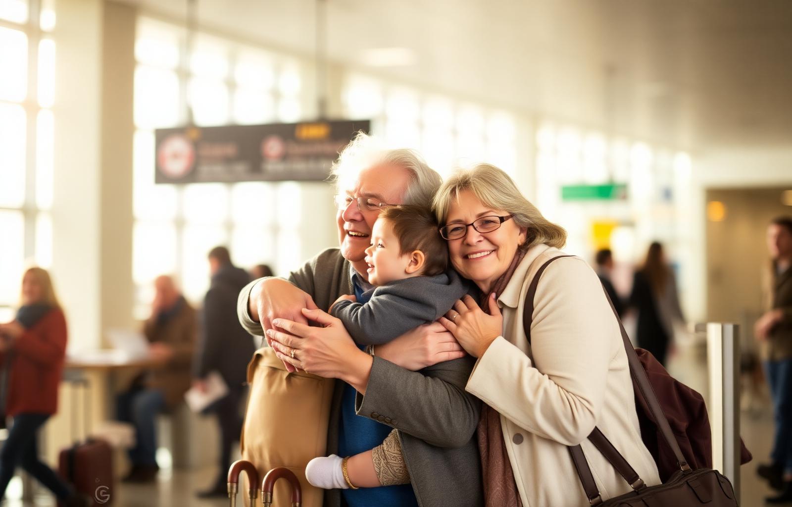 Grandparents reuniting with their grandchild at a Canadian airport arrivals gate