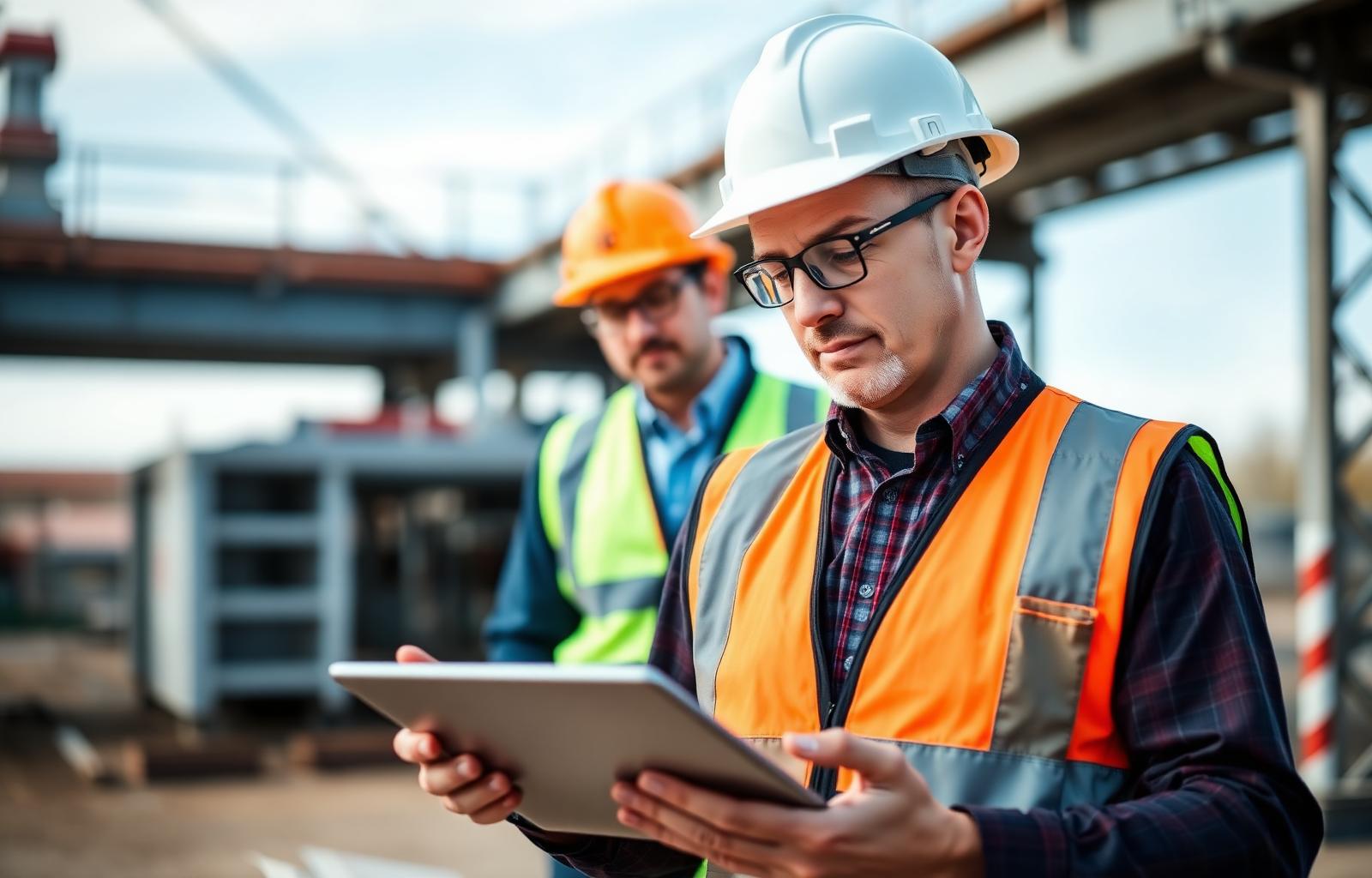 Engineer in hard hat and safety vest reviewing plans on a tablet at a Canadian work site