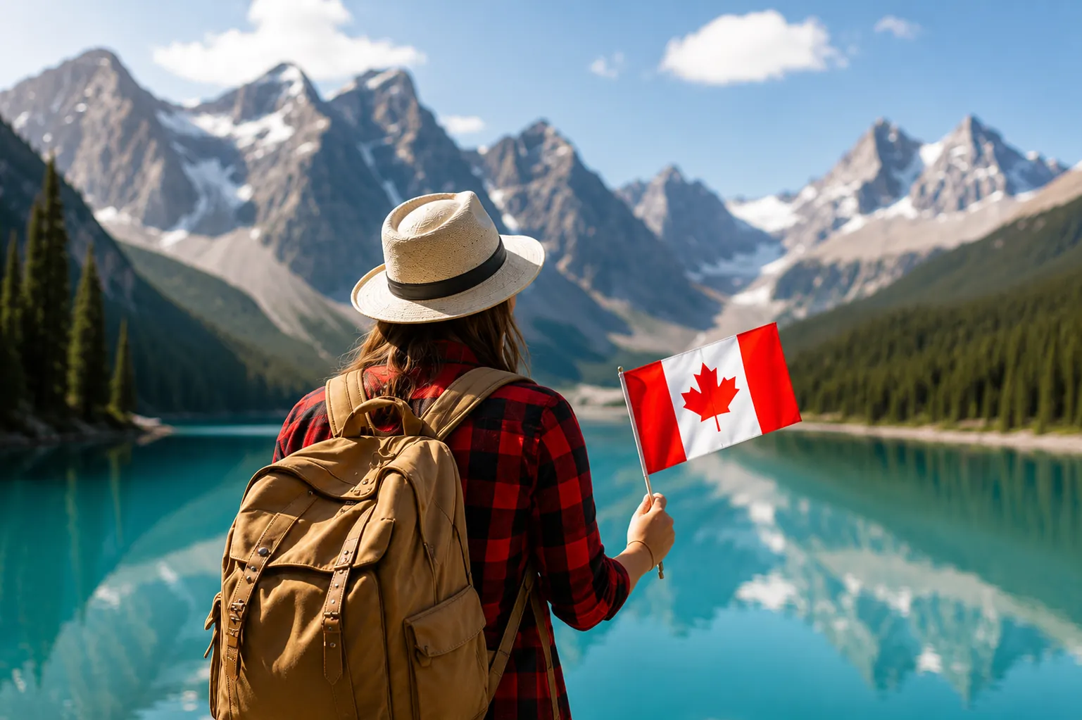 Traveler with Canadian flag overlooking mountain lake