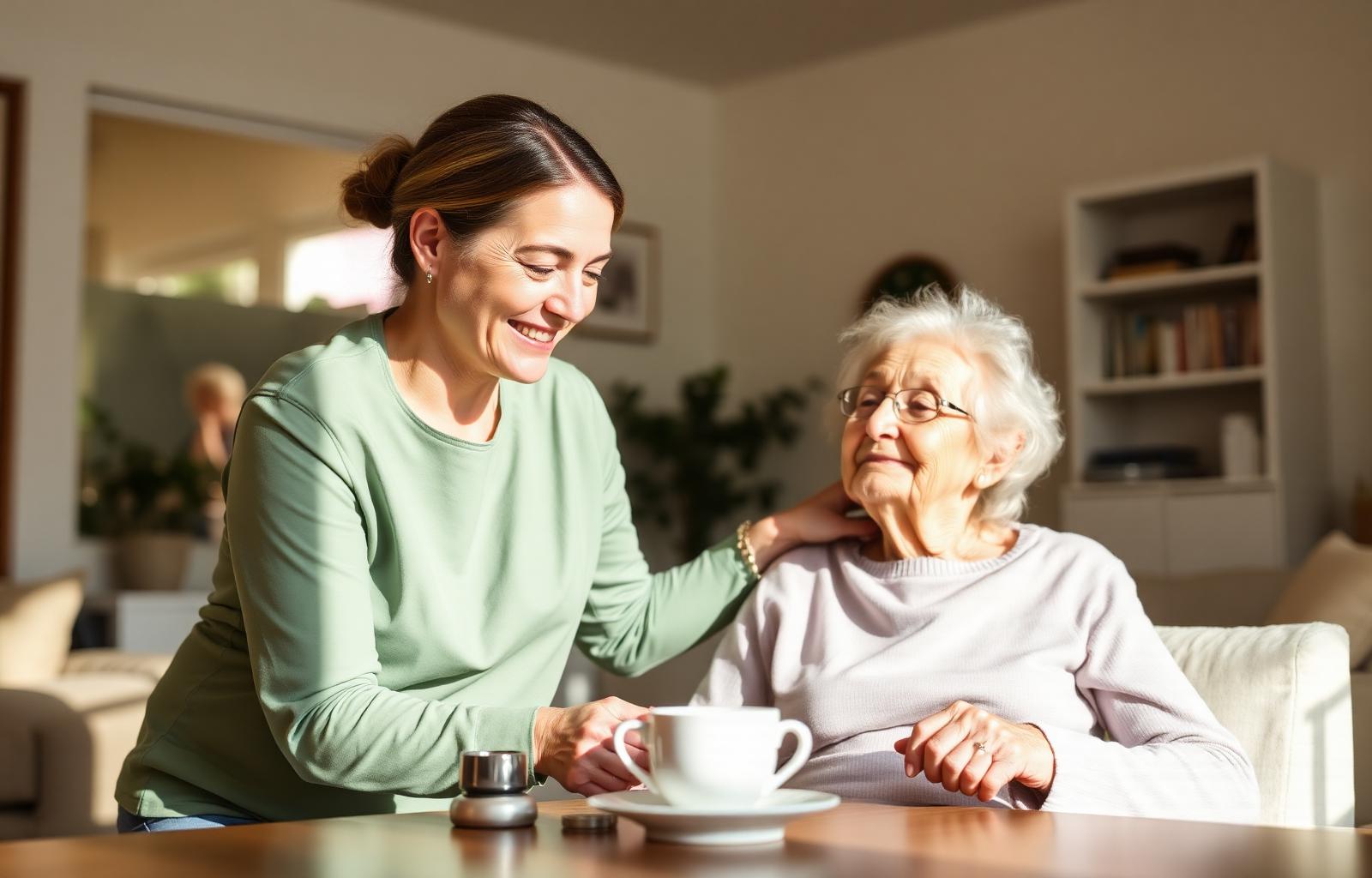 Caregiver tending warmly to an elderly woman in a sunlit Canadian living room