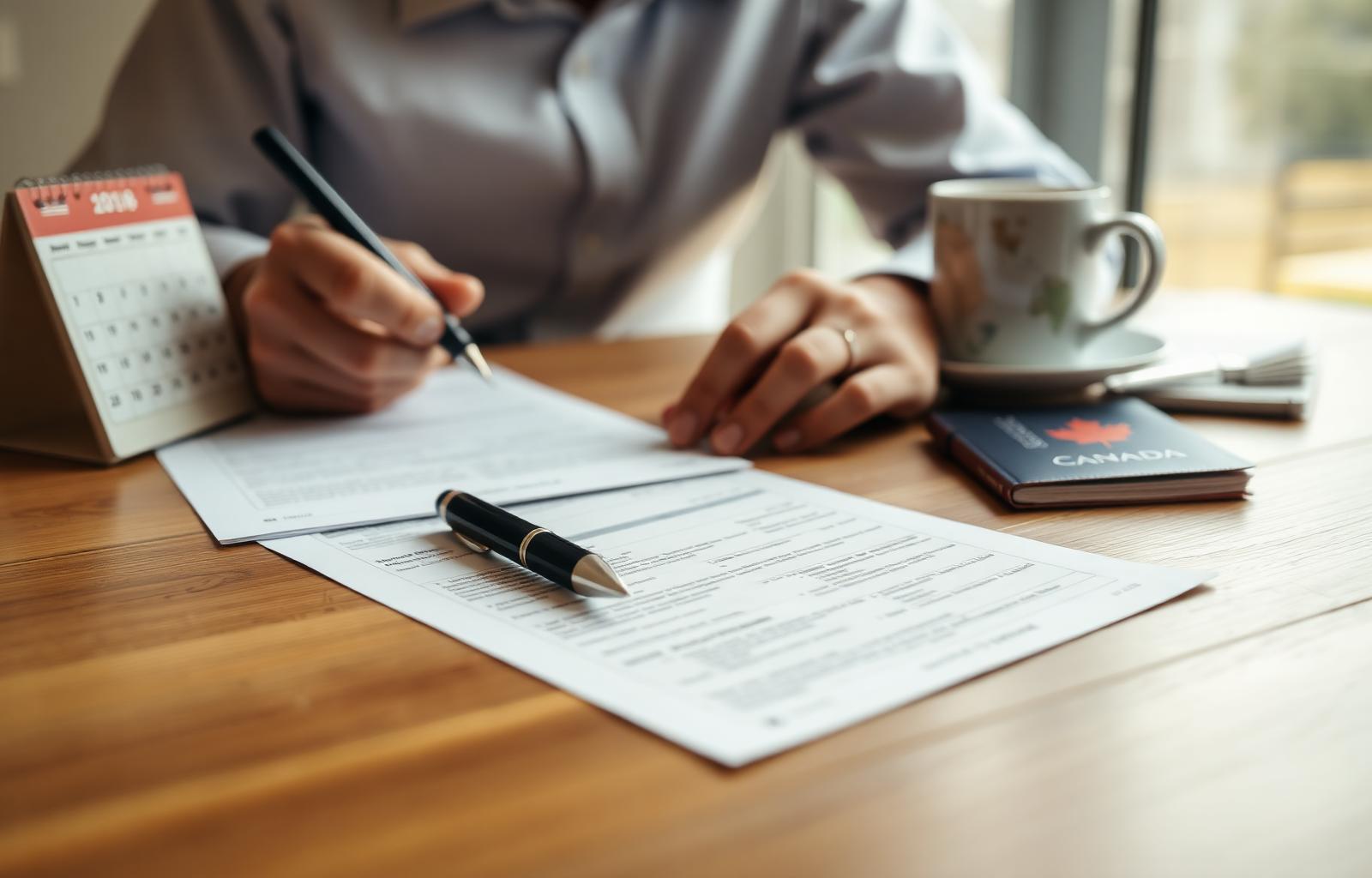 Hands filling out immigration paperwork beside a calendar and a Canadian passport