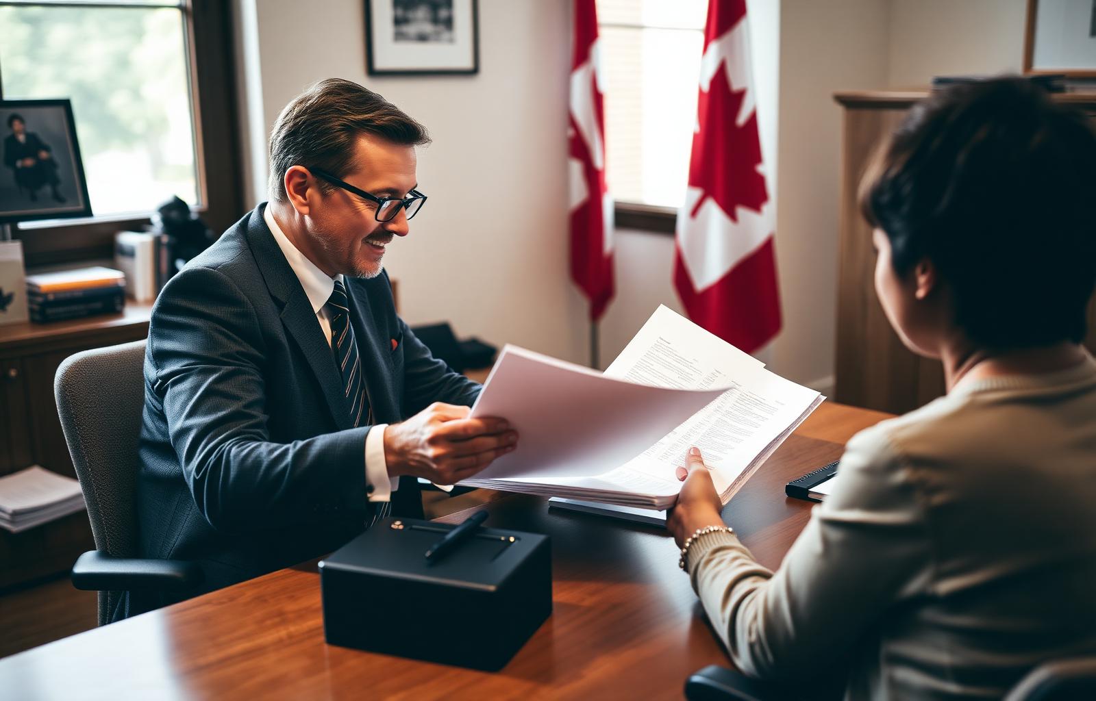 Immigration consultant reviewing documents with a client beside a Canadian flag