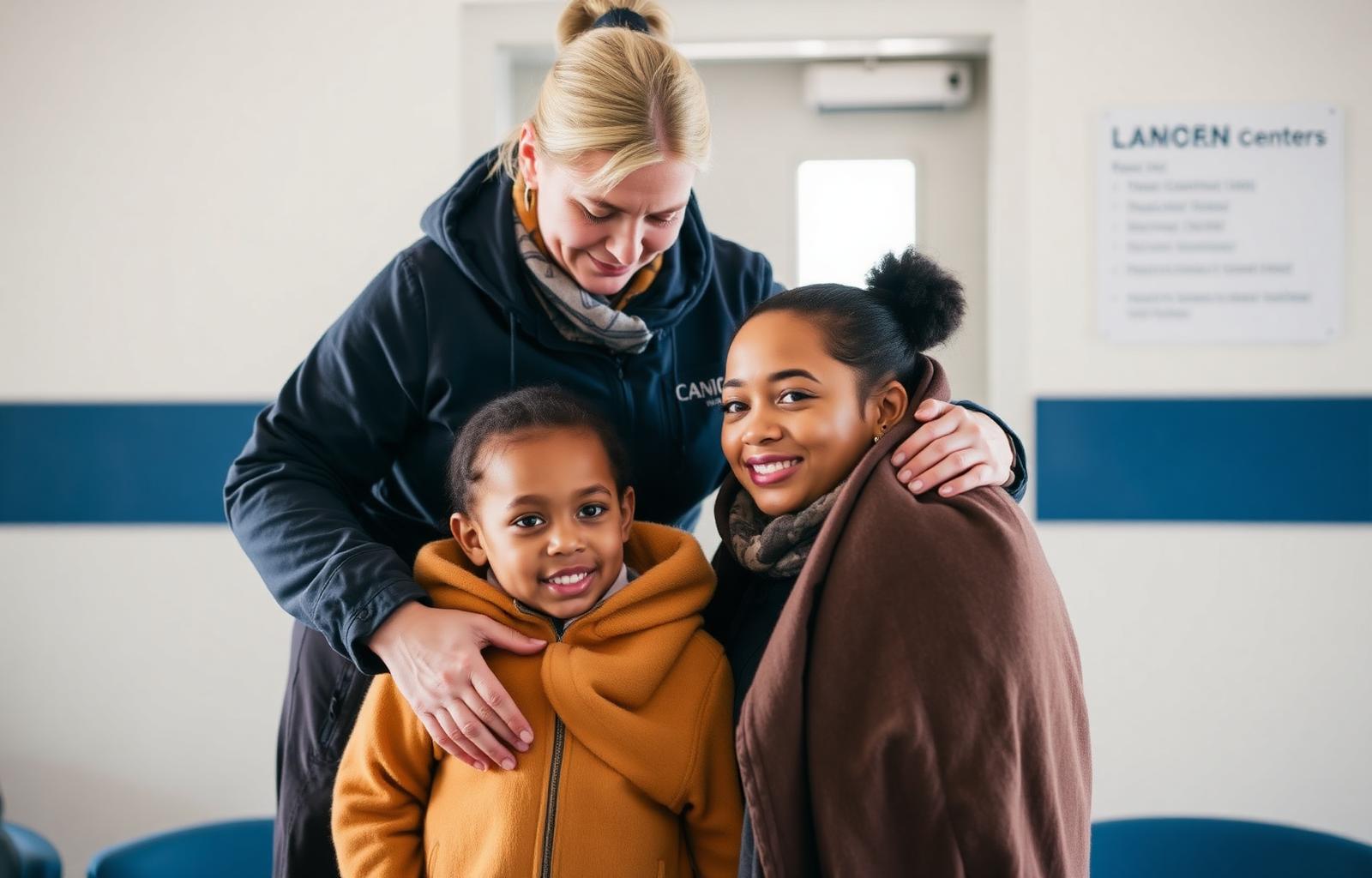 Volunteer welcoming a refugee mother and child at a Canadian community center