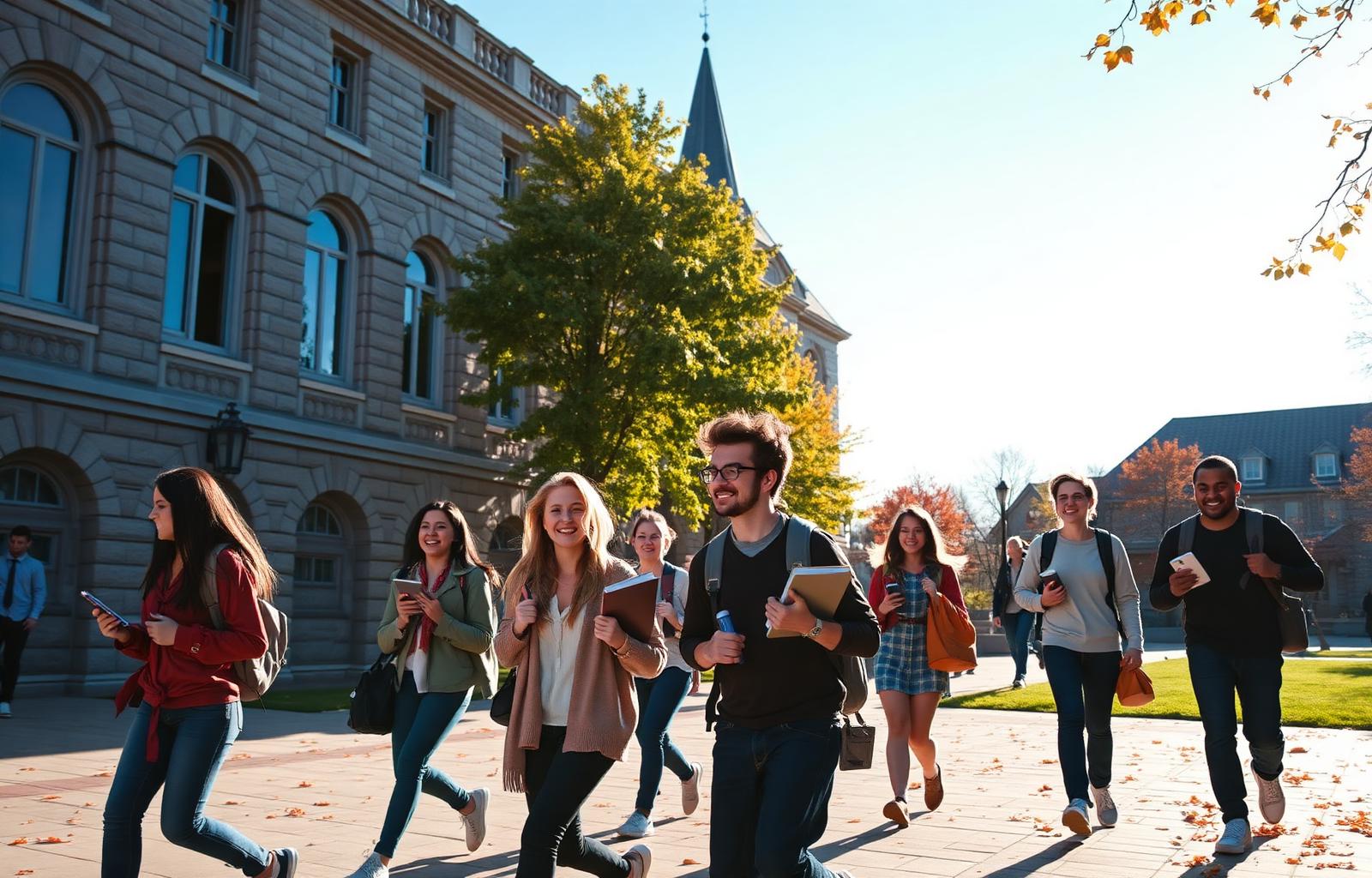 International students walking together on a sunlit Canadian university campus