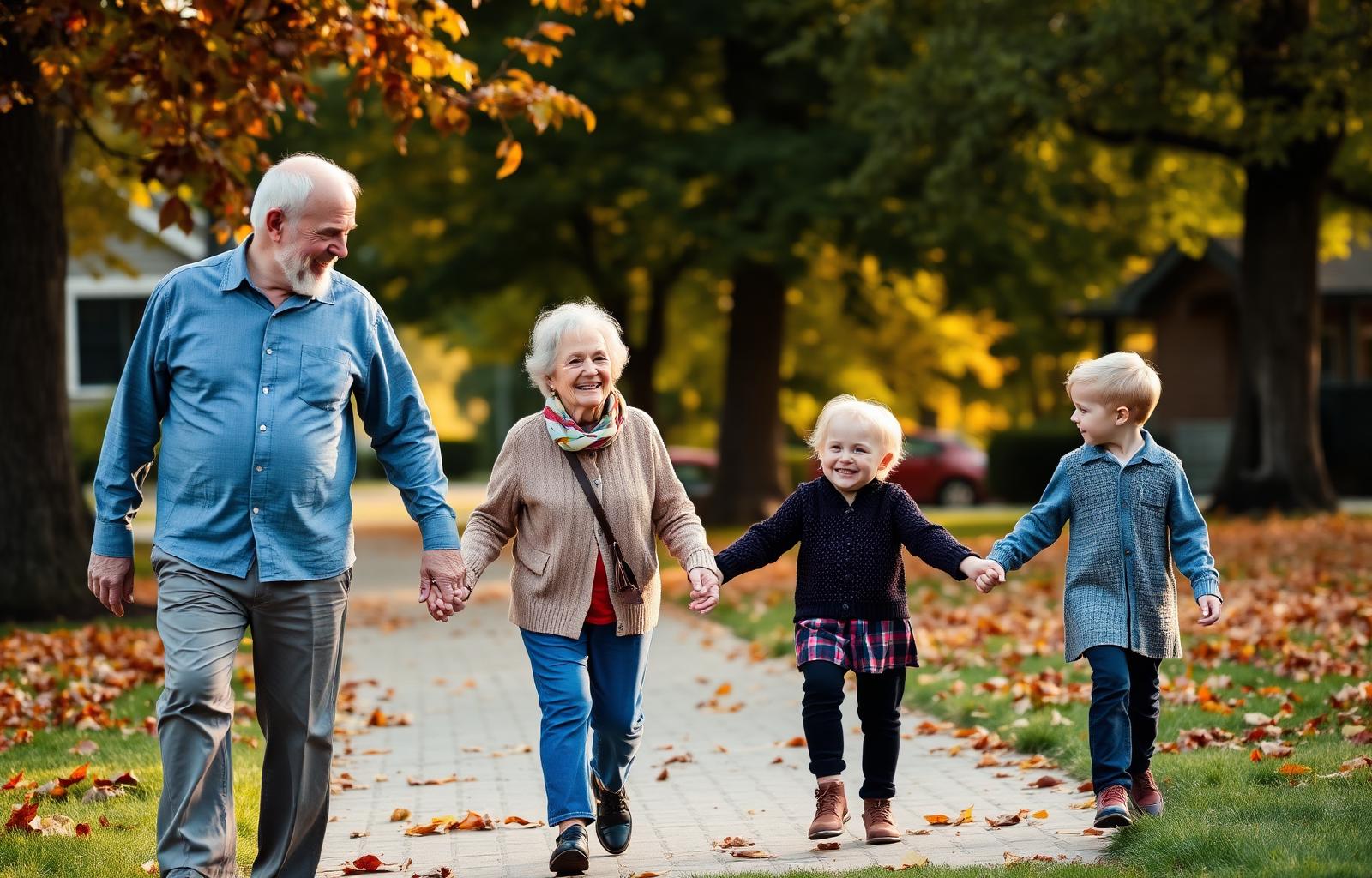 Grandparents walking with their grandchildren in a Canadian neighborhood in autumn