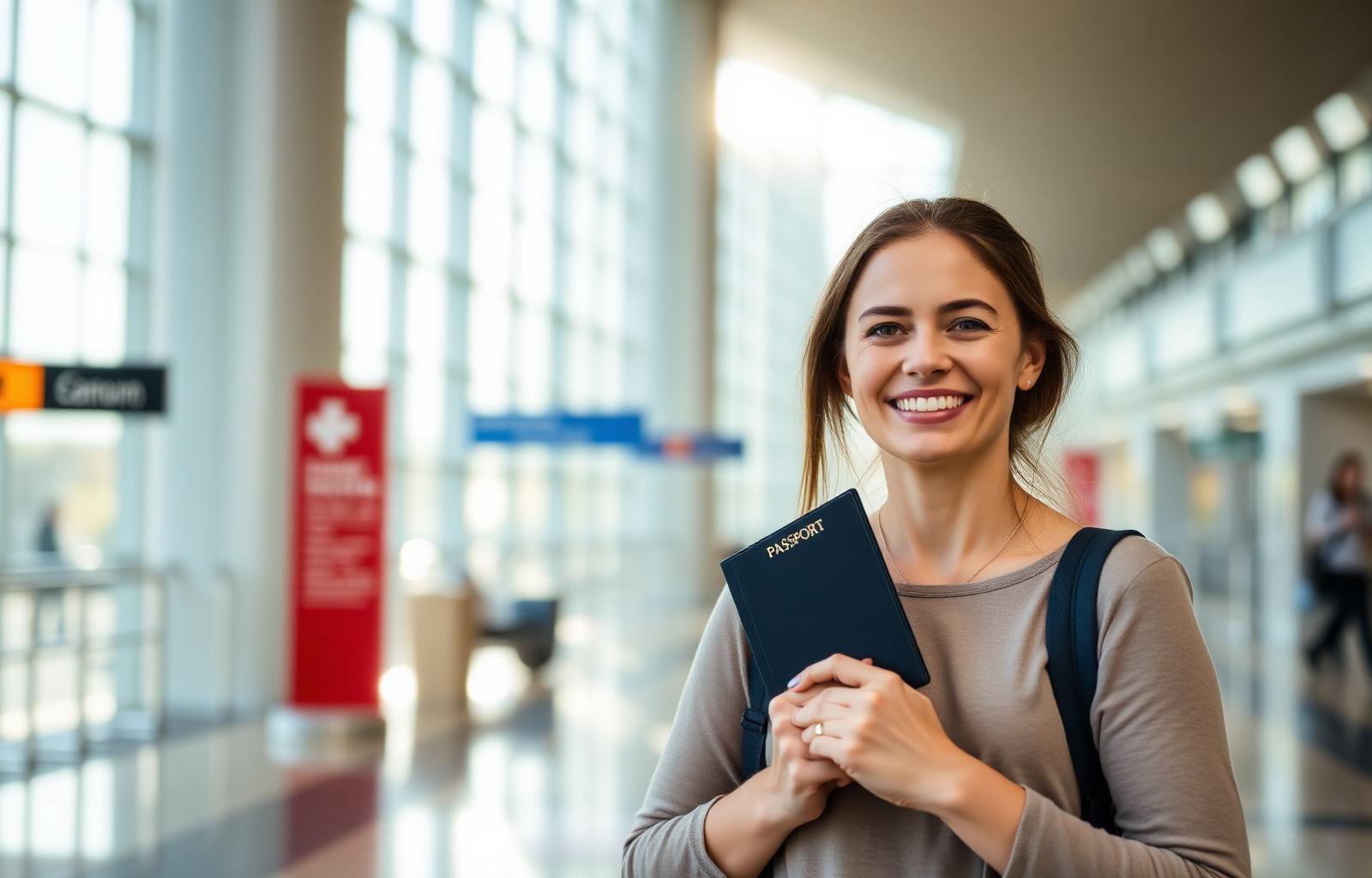 Smiling traveler holding a passport in a bright Canadian airport arrivals hall