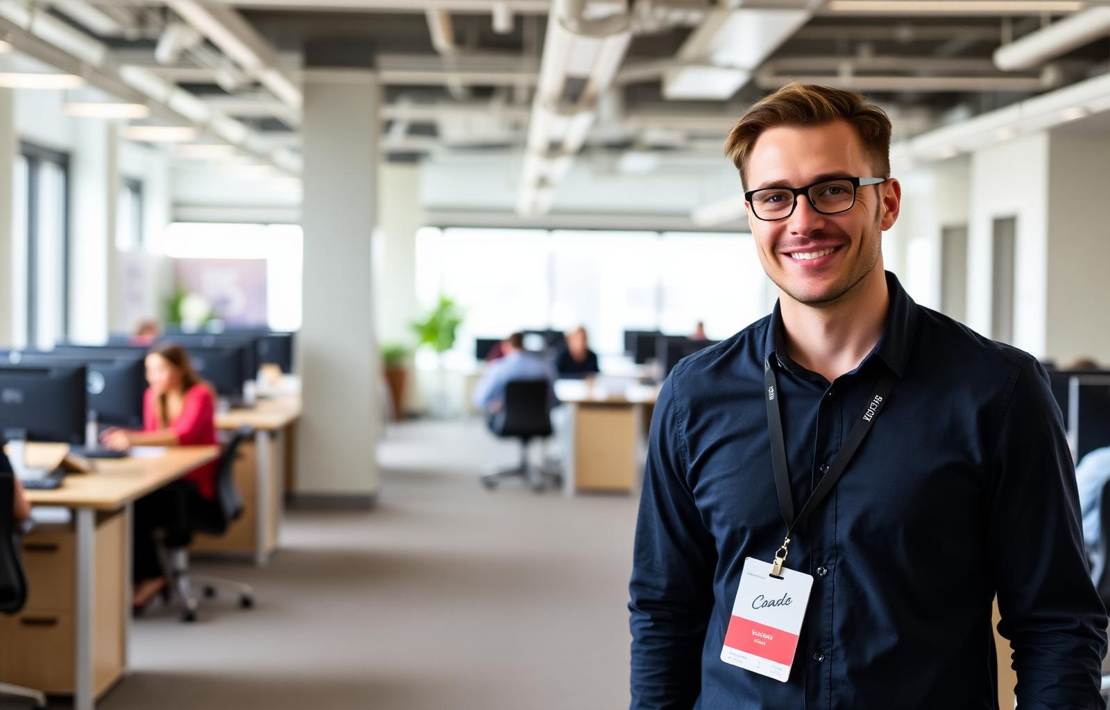 Professional with an employee badge in a modern Canadian open-plan office